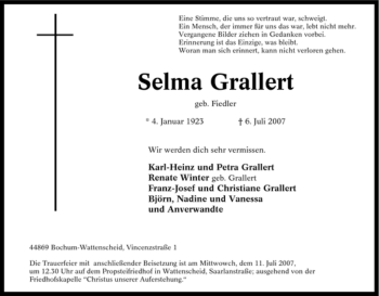 Traueranzeige von Selma Grallert von Tageszeitung
