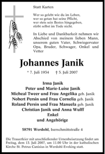 Traueranzeige von Johannes Janik von Tageszeitung