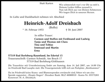 Traueranzeige von Heinrich-Adolf Dreisbach von Tageszeitung