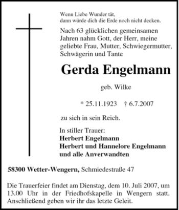 Traueranzeige von Gerda Engelmann von Tageszeitung