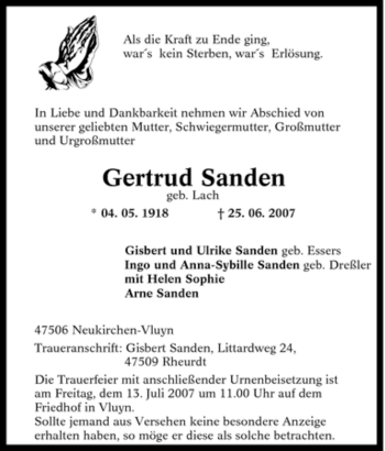 Traueranzeige von Gertrud Sanden von Tageszeitung