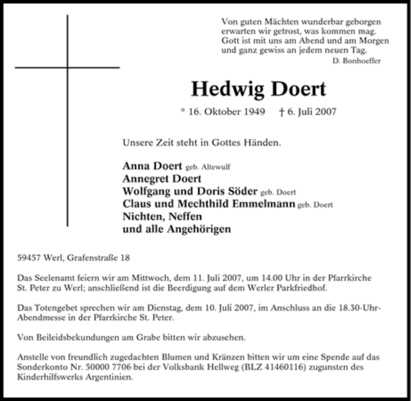  Traueranzeige für Hedwig Doert vom 09.07.2007 aus Tageszeitung