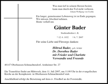 Traueranzeige von Günter Bader von Tageszeitung