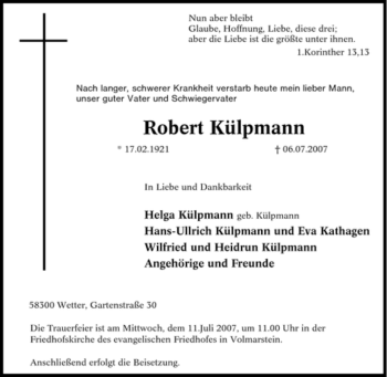 Traueranzeige von Robert Külpmann von Tageszeitung