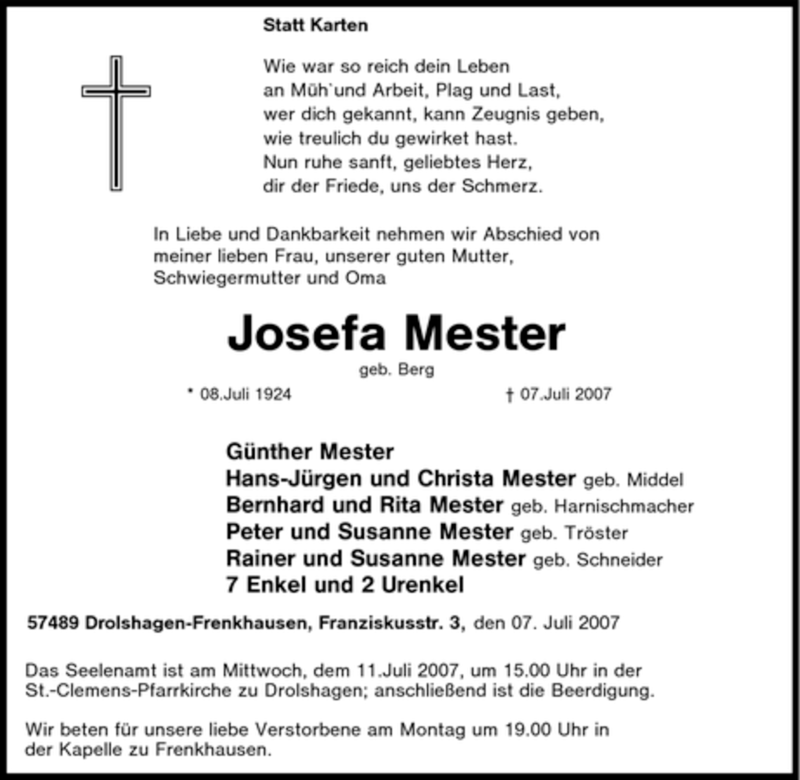  Traueranzeige für Josefa Mester vom 09.07.2007 aus Tageszeitung