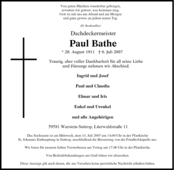 Traueranzeige von Paul Bathe von Tageszeitung