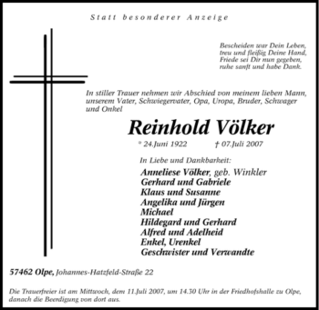 Traueranzeige von Reinhold Völker von Tageszeitung