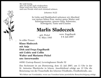 Traueranzeige von Marlis Sladeczek von Tageszeitung