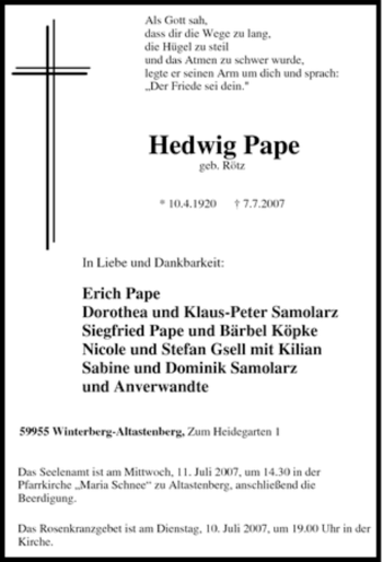 Traueranzeige von Hedwig Pape von Tageszeitung