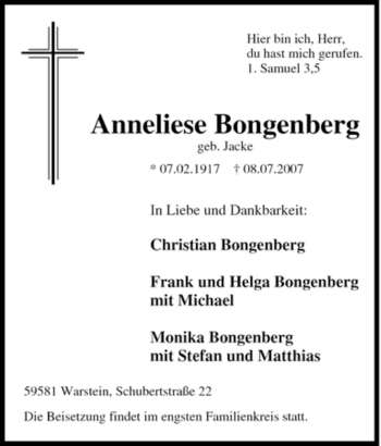 Traueranzeige von Anneliese Bongenberg von Tageszeitung