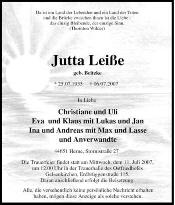 Traueranzeige von Jutta Leiße von Tageszeitung