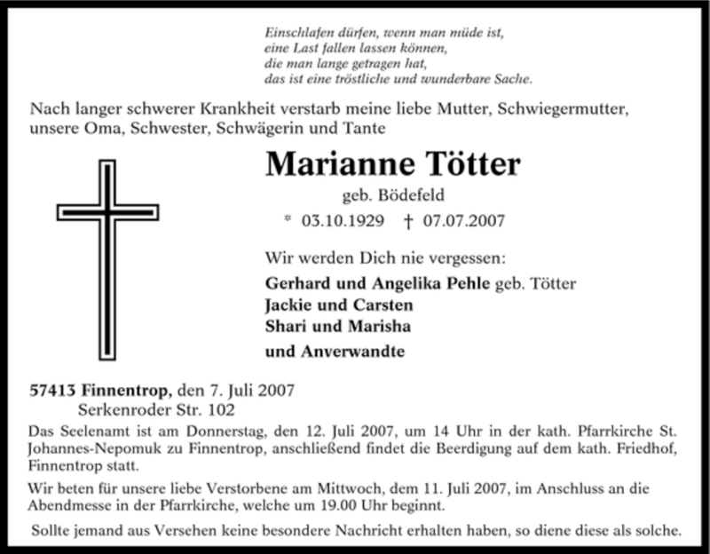  Traueranzeige für Marianne Tötter vom 09.07.2007 aus Tageszeitung