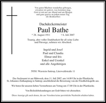 Traueranzeige von Paul Bathe von Tageszeitung
