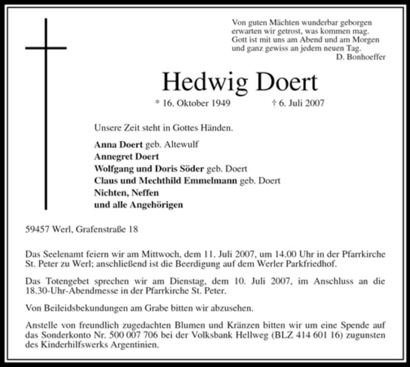  Traueranzeige für Hedwig Doert vom 09.07.2007 aus Tageszeitung
