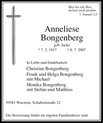 Traueranzeige von Anneliese Bongenberg von Tageszeitung