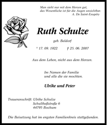 Traueranzeige von Ruth Schulze von Tageszeitung