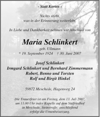 Traueranzeige von Maria Schlinkert von Tageszeitung