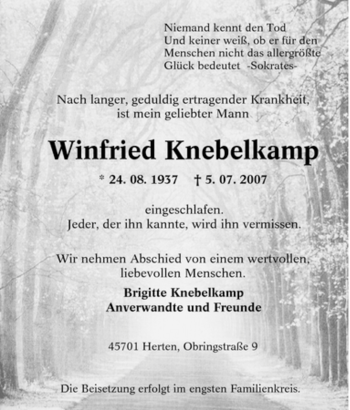 Traueranzeige von Winfried Knebelkamp von Tageszeitung