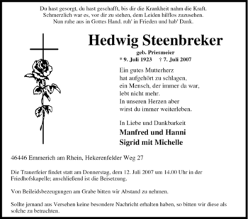 Traueranzeige von Hedwig Steenbreker von Tageszeitung