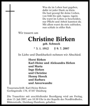 Traueranzeige von Christine Birken von Tageszeitung