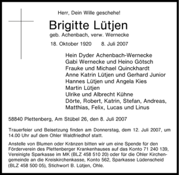Traueranzeige von Brigitte Lütjen von Tageszeitung