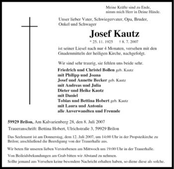 Traueranzeige von Josef Kautz von Tageszeitung