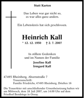 Traueranzeige von Heinrich Kall von Tageszeitung