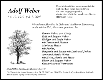 Traueranzeige von Adolf Weber von Tageszeitung