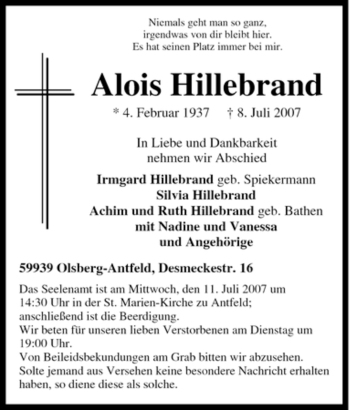Traueranzeige von Alois Hillebrand von Tageszeitung