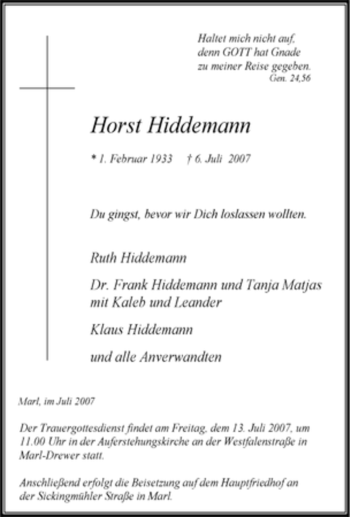 Traueranzeige von Horst Hiddemann von Tageszeitung