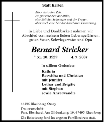Traueranzeige von Bernard Stricker von Tageszeitung