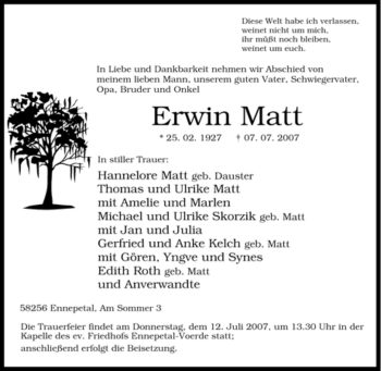 Traueranzeige von Erwin Matt von Tageszeitung