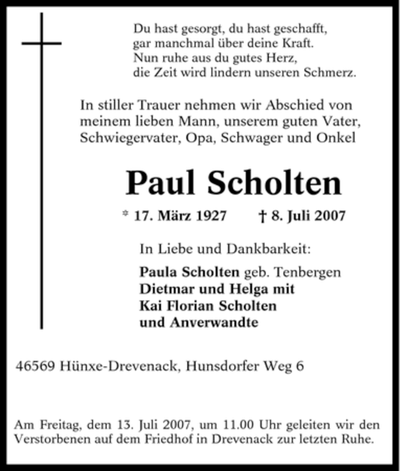  Traueranzeige für Paul Scholten vom 10.07.2007 aus Tageszeitung