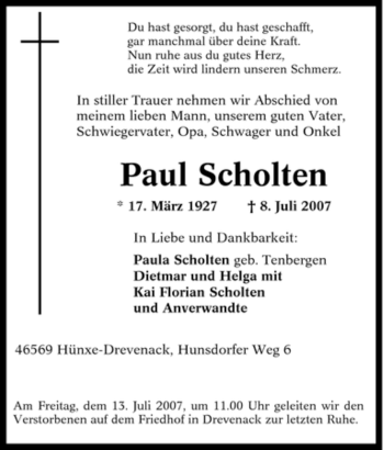 Traueranzeige von Paul Scholten von Tageszeitung