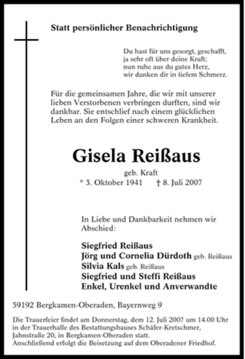 Traueranzeige von Gisela Reißaus von Tageszeitung