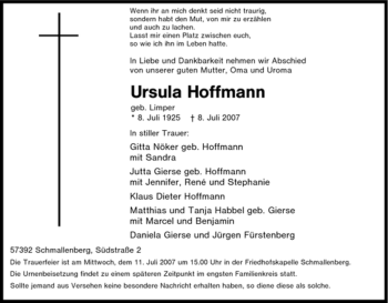 Traueranzeige von Ursula Hoffmann von Tageszeitung
