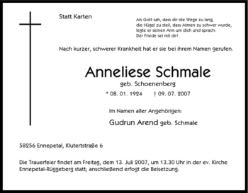 Traueranzeige von Anneliese Schmale von Tageszeitung