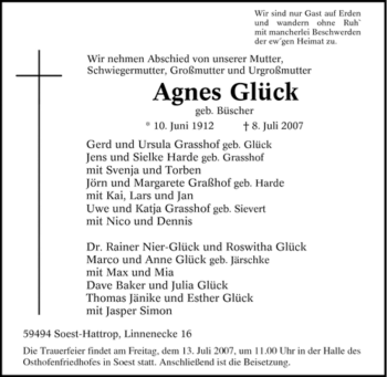 Traueranzeige von Agnes Glück von Tageszeitung