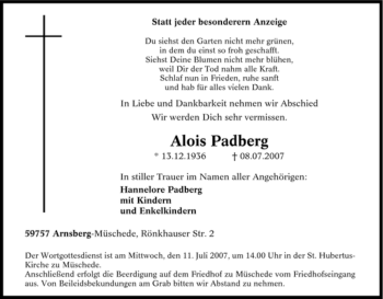 Traueranzeige von Alois Padberg von Tageszeitung