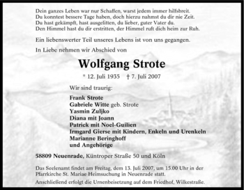 Traueranzeige von Wolfgang Strote von Tageszeitung