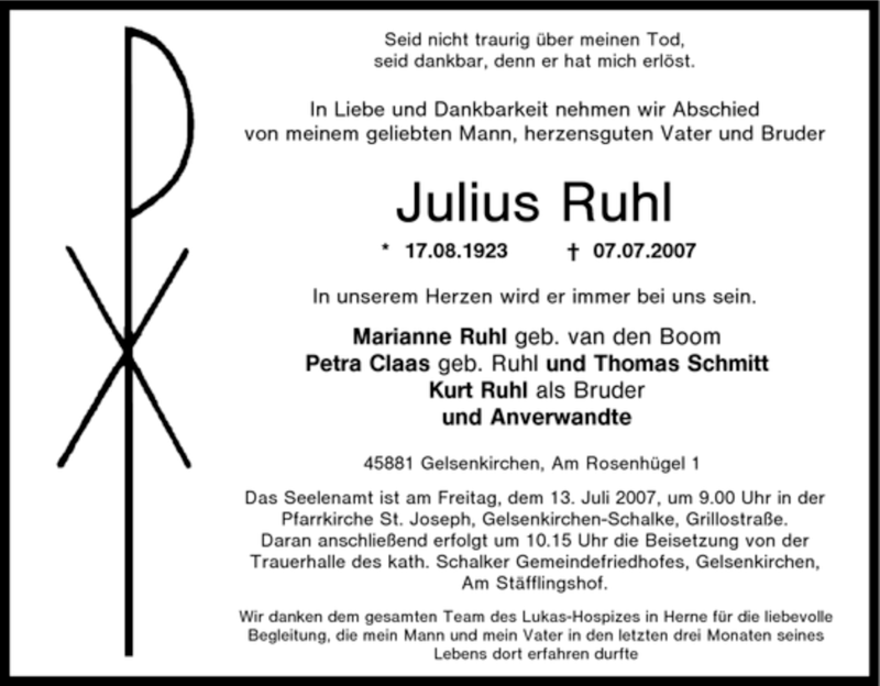  Traueranzeige für Julius Ruhl vom 10.07.2007 aus Tageszeitung