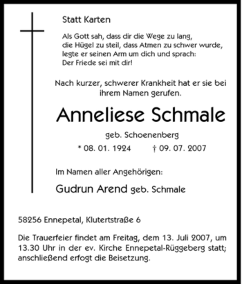 Traueranzeige von Anneliese Schmale von Tageszeitung