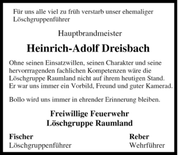 Traueranzeige von Heinrich-Adolf Dreisbach von Tageszeitung