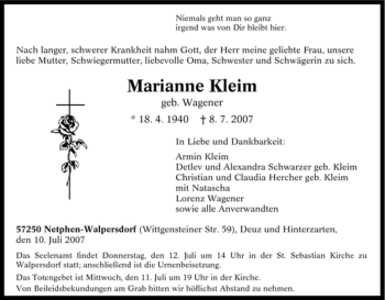 Traueranzeige von Marianne Kleim von Tageszeitung