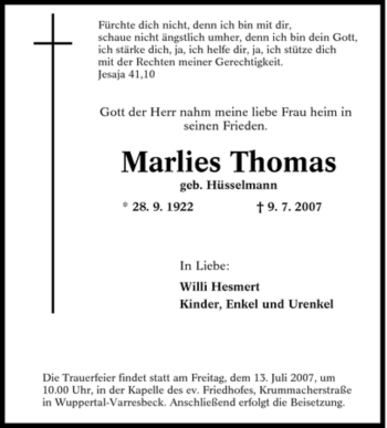 Traueranzeige von Marlies Thomas von Tageszeitung