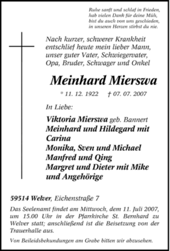 Traueranzeige von Meinhard Mierswa von Tageszeitung