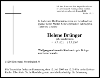 Traueranzeige von Helene Brünger von Tageszeitung