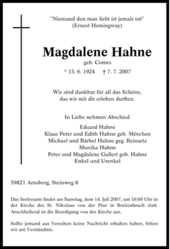Traueranzeige von Magdalene Hahne von Tageszeitung