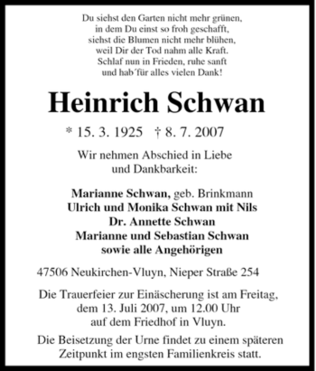 Traueranzeige von Heinrich Schwan von Tageszeitung