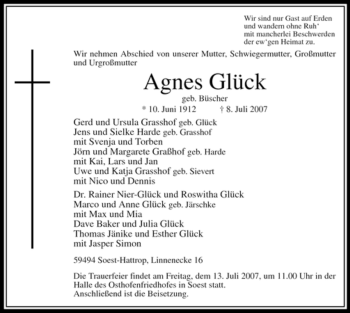 Traueranzeige von Agnes Glück von Tageszeitung